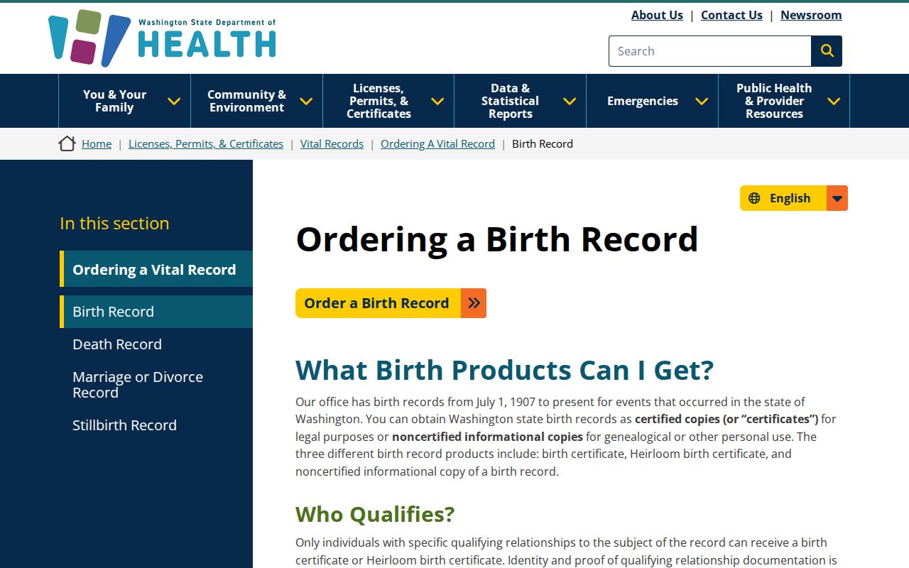 Wenatchee public records birth certificate ordering options